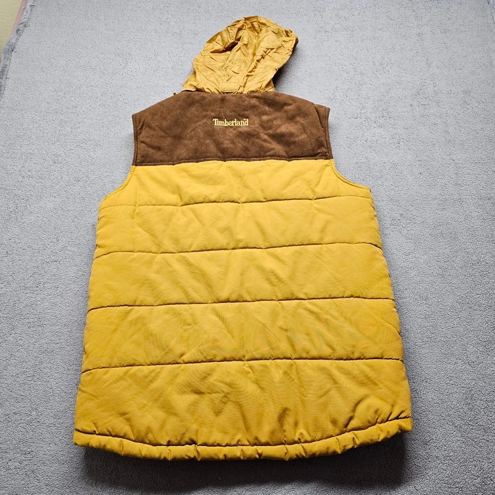 Timberland Hooded Puffer Vest Mens XL Gold Brown Fleece Trim Full Zip‎ Outdoor